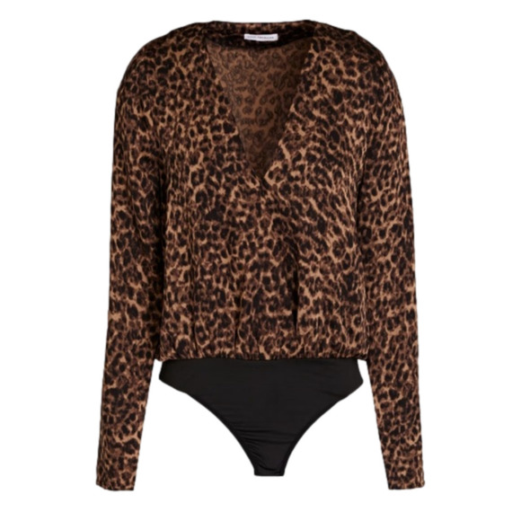 NWT Good American Wrap-effect Sepia Leopard-Print Satin Bodysuit 0 - Picture 4 of 15